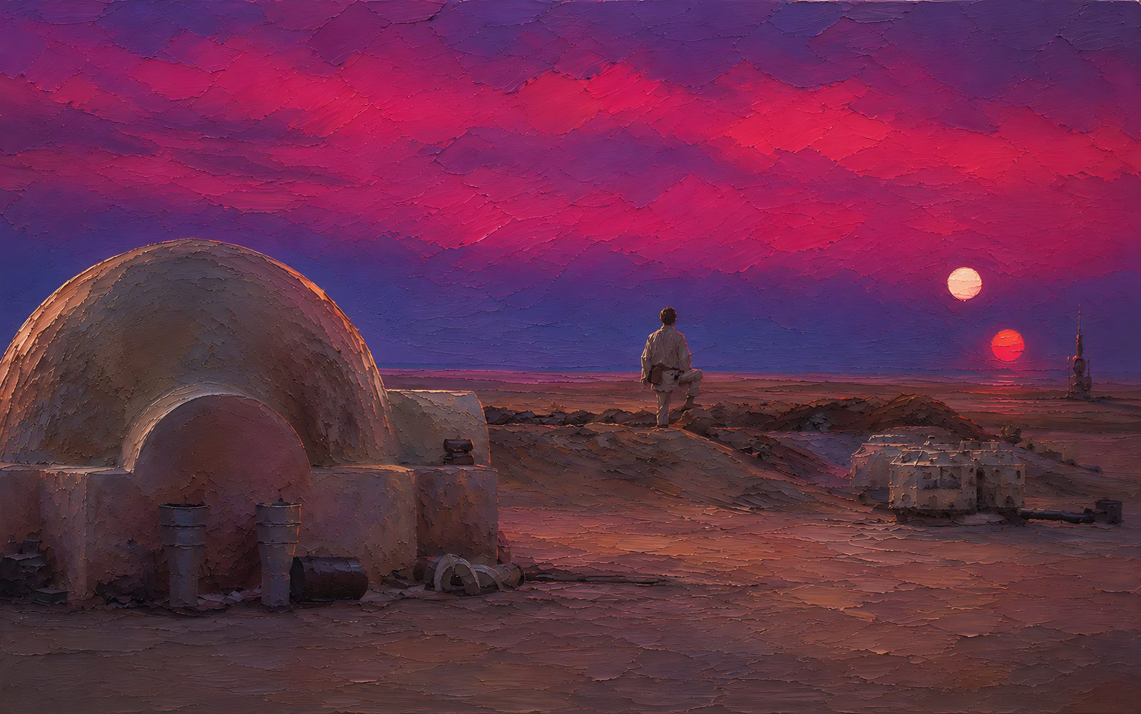 Binary Sunset — The Complete Collection — 4K impasto oil-painting desktop wallpaper