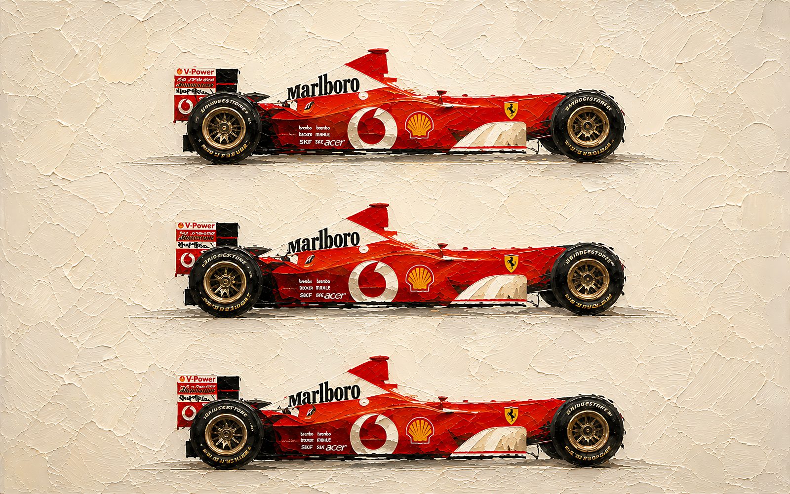 F1 Racecars — The Complete Collection — 4K impasto oil-painting desktop wallpaper