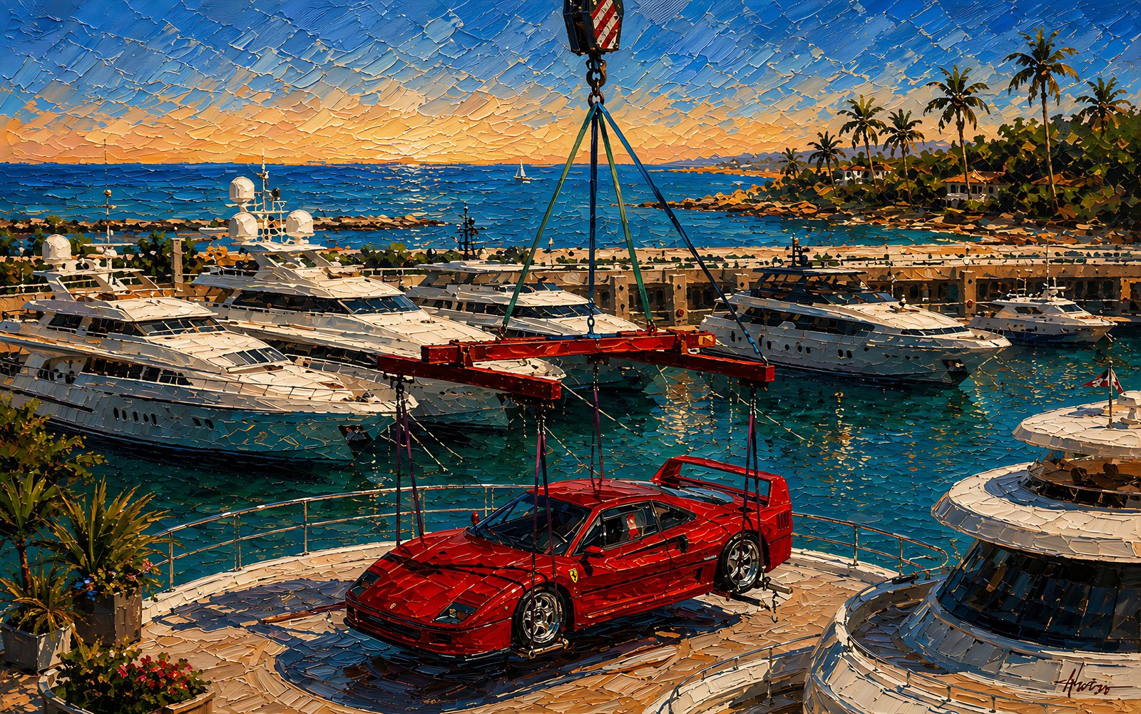 F40 at the Harbour — Collection of Living — Vol. 2 — old money larp wallpaper, 4K impasto oil painting for MacBook and desktop