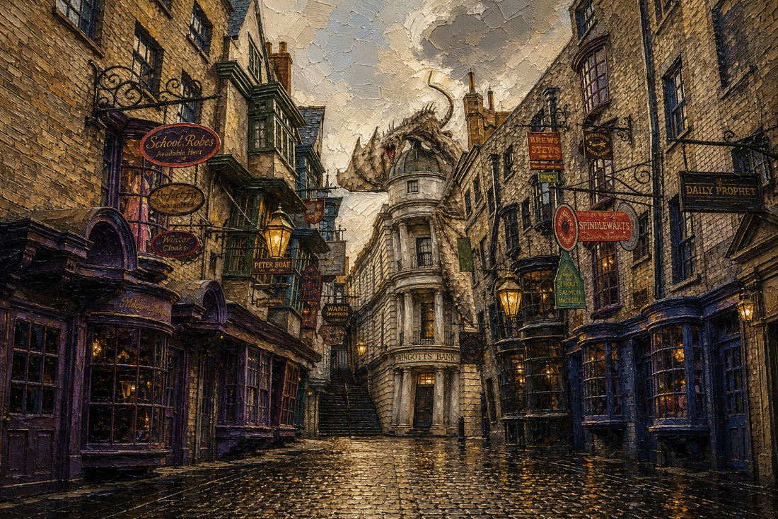 Magic Alley — The Complete Collection — 4K impasto oil-painting desktop wallpaper