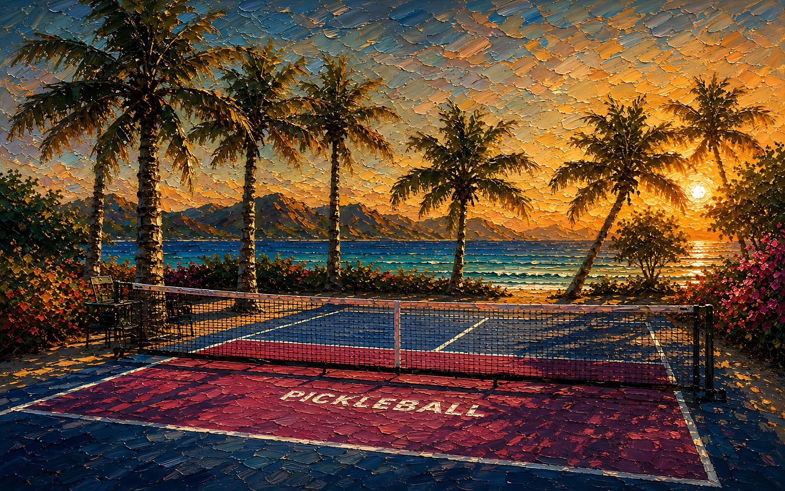 Pickleball at Golden Hour — The Complete Collection — 4K impasto oil-painting desktop wallpaper