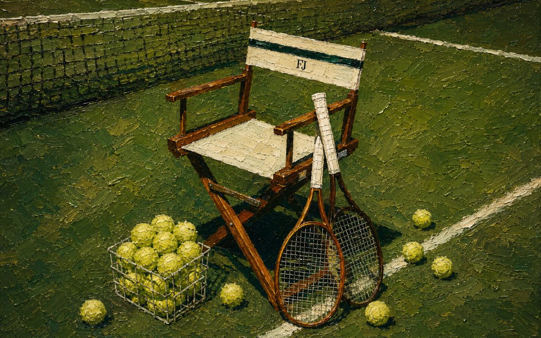 Tennis Chair — The Complete Collection — 4K impasto oil-painting desktop wallpaper